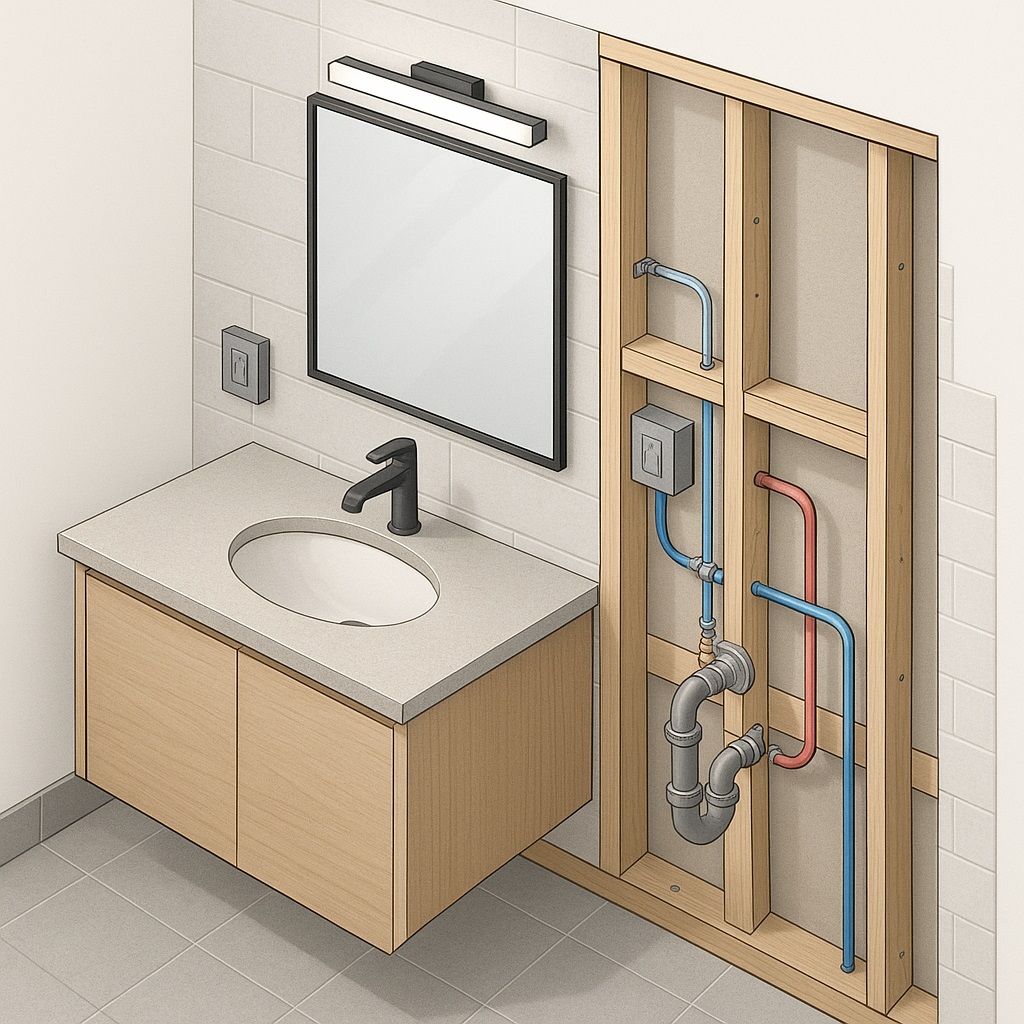 Coordinated vanity, faucet, and wall rough-in zone